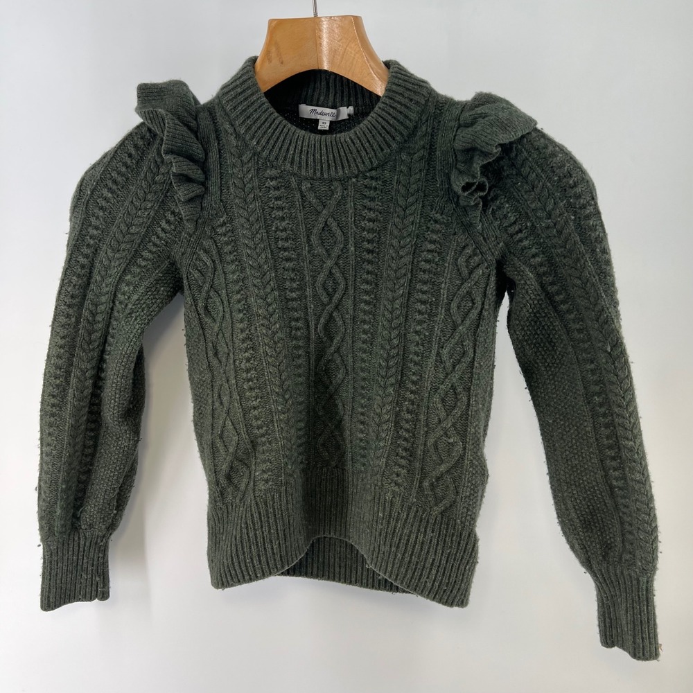 Madewell Hollydene Sweater XS Green Merino Wool Cable Knit Ruffle Puff Sleeve